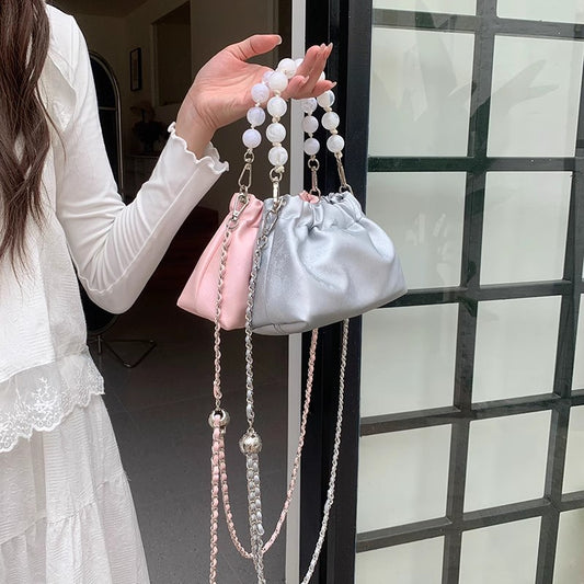 日韓流行 | 新中式串珠手提包包女2024新款夏季小眾設計鏈條斜挎包褶皺水桶包「9335#」24.04-3