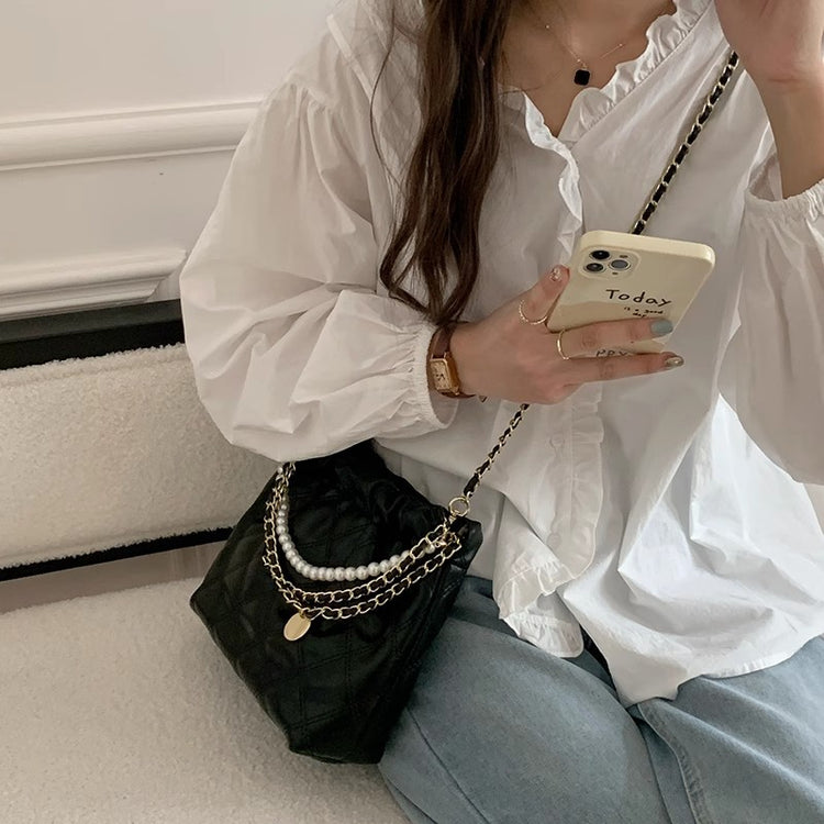 日韓流行 | 高級感流行珍珠菱格水桶包斜背包2024新款潮時尚百搭洋氣單肩鏈條小包「9392#」24.05-4
