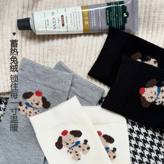 女襪｜白色堆堆襪子女卡通小狗刺繡ins彈力中筒襪秋冬加厚保暖襪子「SM24524」24.11-2