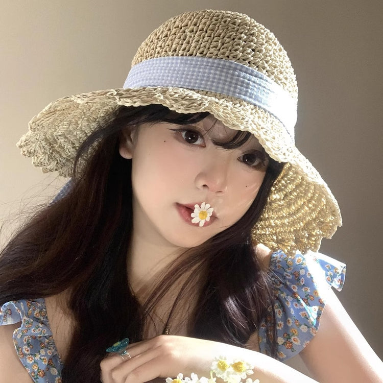 流行帽子 | 蝴蝶結編織帽子女夏季海邊度假草帽防曬遮陽帽法式防紫外線太陽帽「C5174」25.04-3