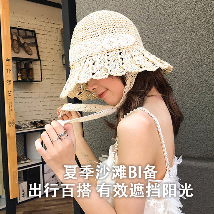 流行帽子 | 草帽女夏季時尚編織帽子赫本風蕾絲防曬帽復古百搭鏤空草帽沙灘帽「C2392」23.05-2