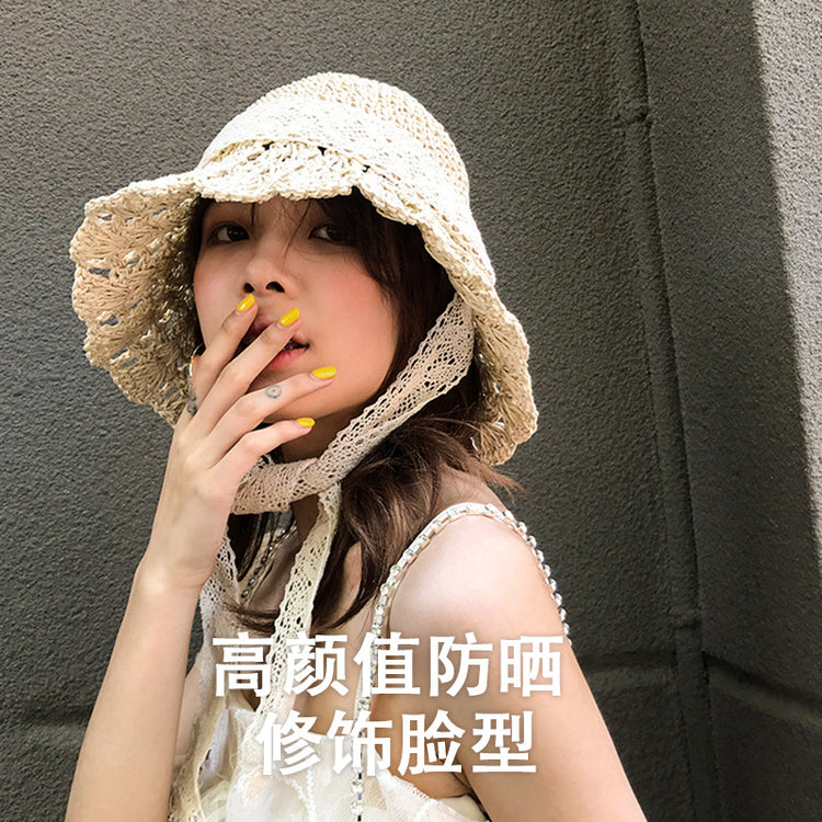 流行帽子 | 草帽女夏季時尚編織帽子赫本風蕾絲防曬帽復古百搭鏤空草帽沙灘帽「C2392」23.05-2