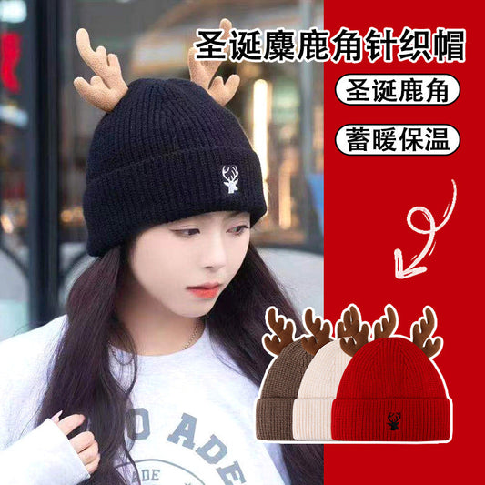 流行帽子 |聖誕節帽子女加絨加厚保暖麋鹿鹿角毛線帽可愛麋鹿新年紅色針織帽「C3384」23.11-1